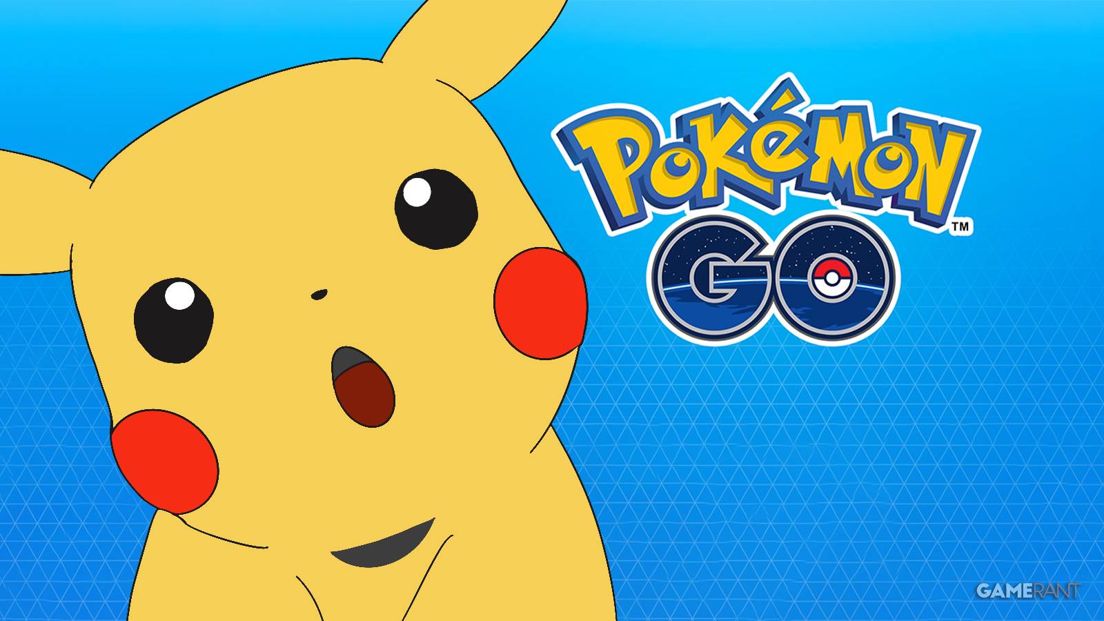 Amazed Surprised Pikachu doodle next to Pokemon GO logo on blue background