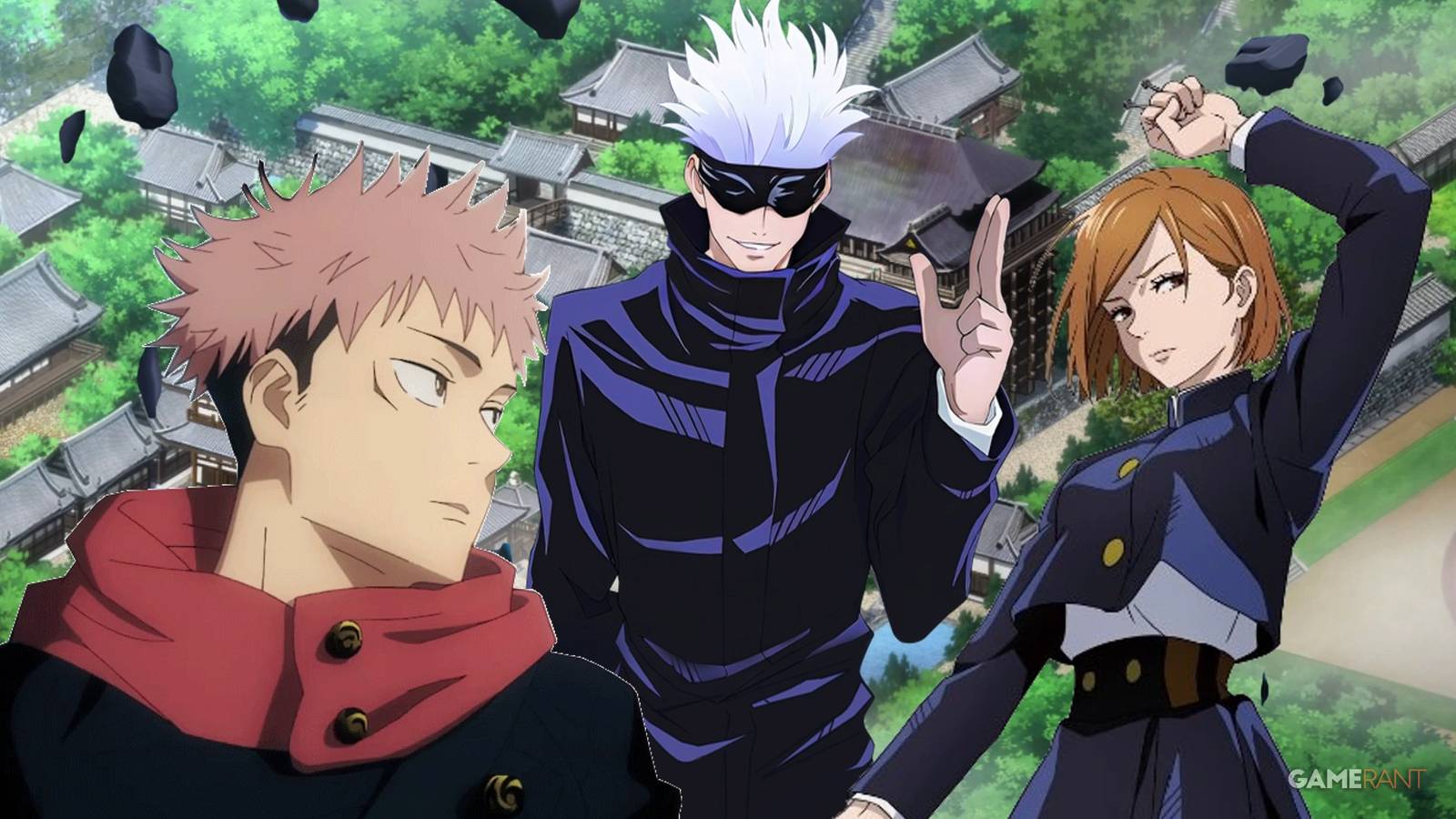 Yuji, Satoru, and Nobara in front of Jujutsu High