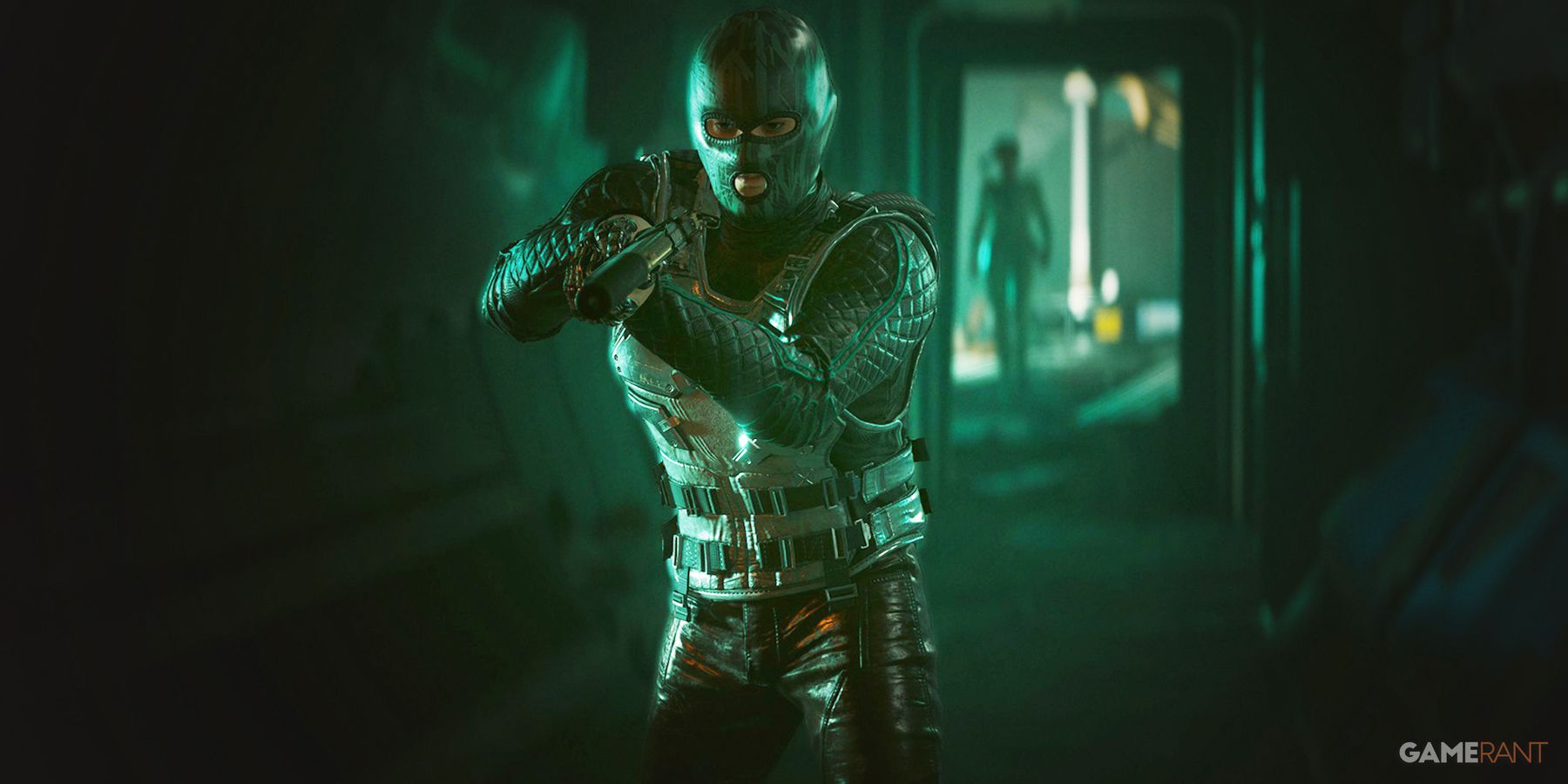 Cyberpunk 2077 stealthy V wearing balaclava and pointing silenced pistol in the dark-1