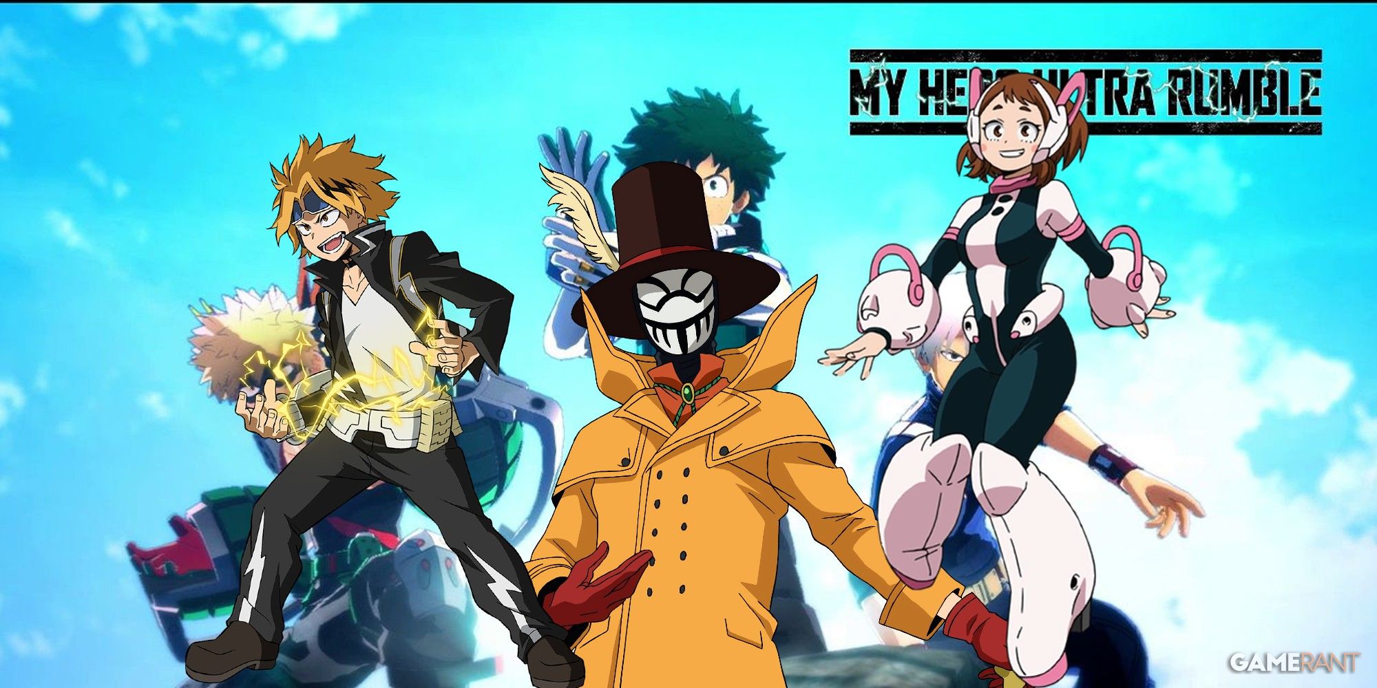 Denki, Mr. Compress, and Ochaco in front of the my hero ultra rumble cover