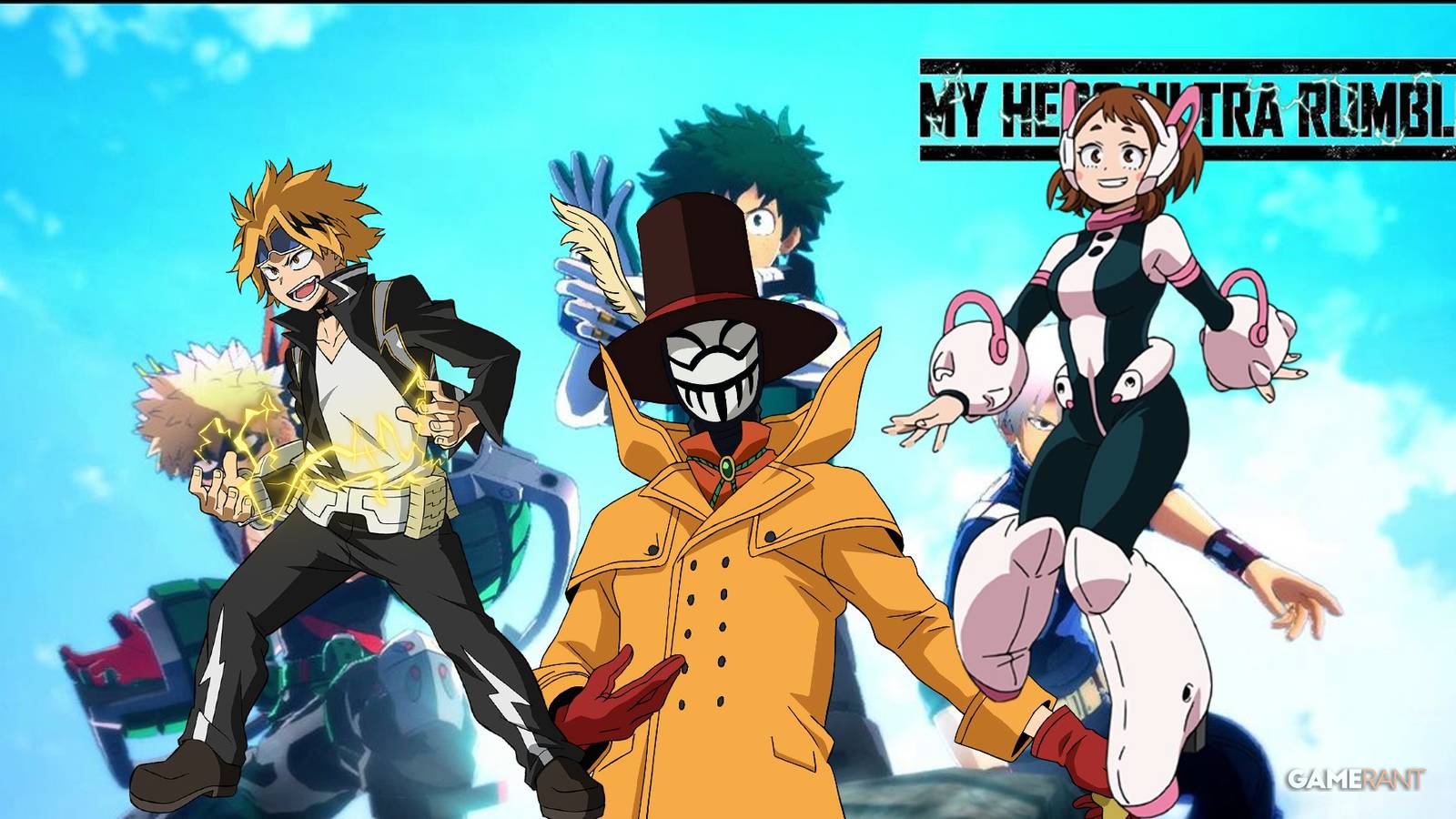Denki, Mr. Compress, and Ochaco in front of the my hero ultra rumble cover