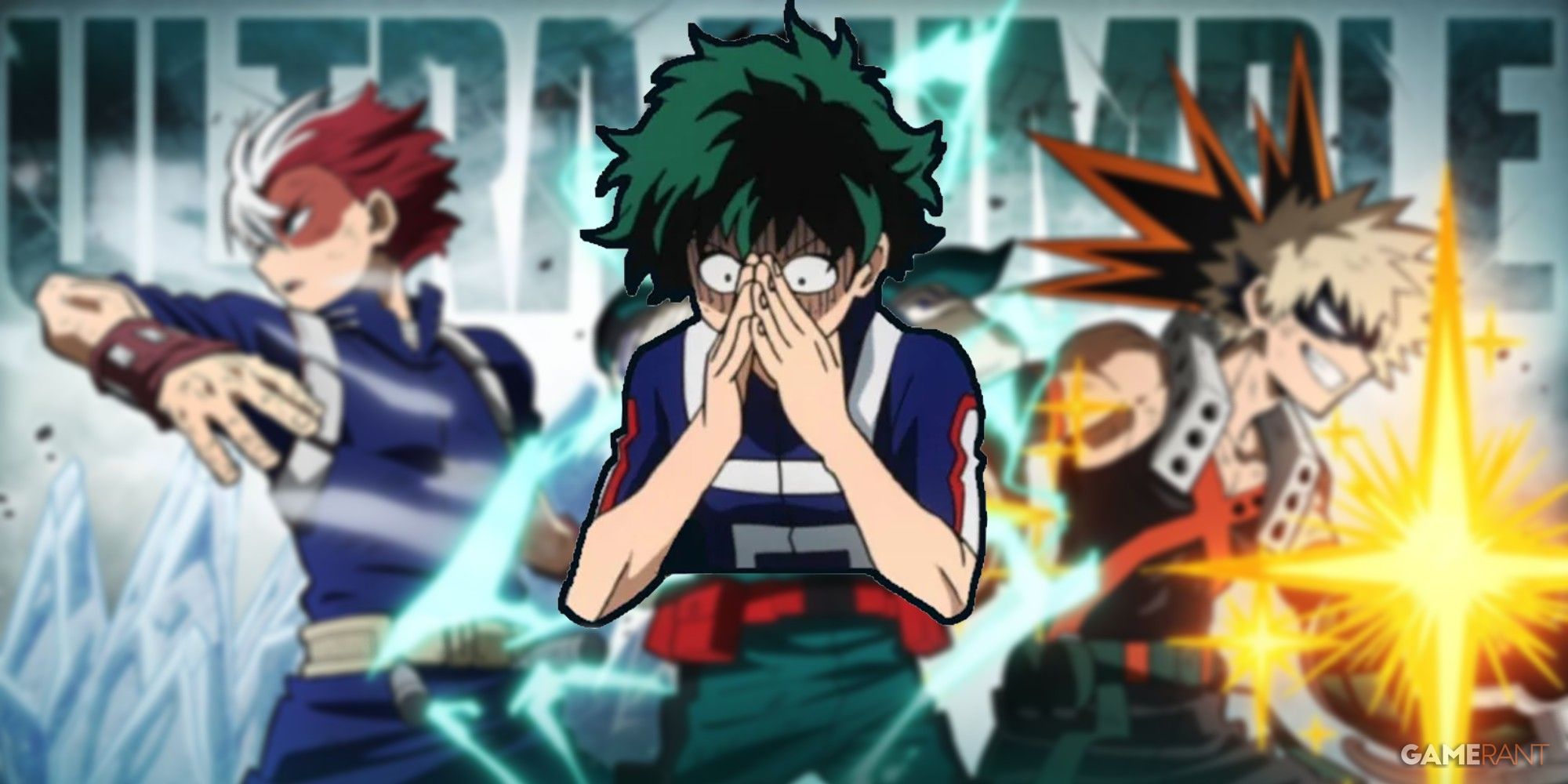 Deku in front of the cover of my hero ultra rumble