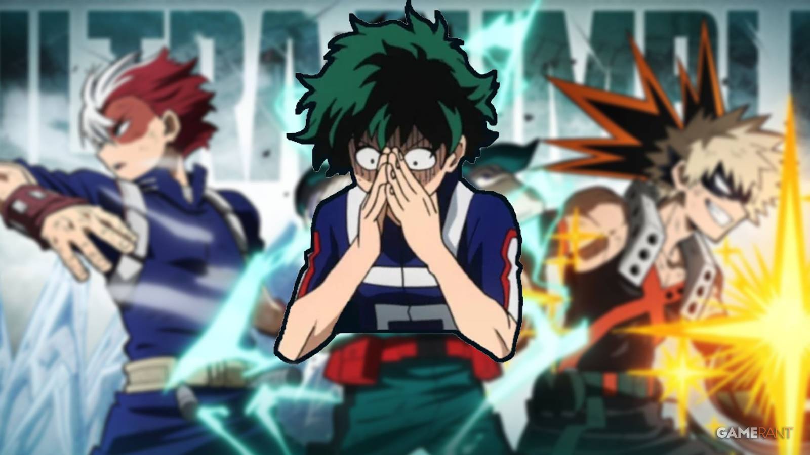 Deku in front of the cover of my hero ultra rumble
