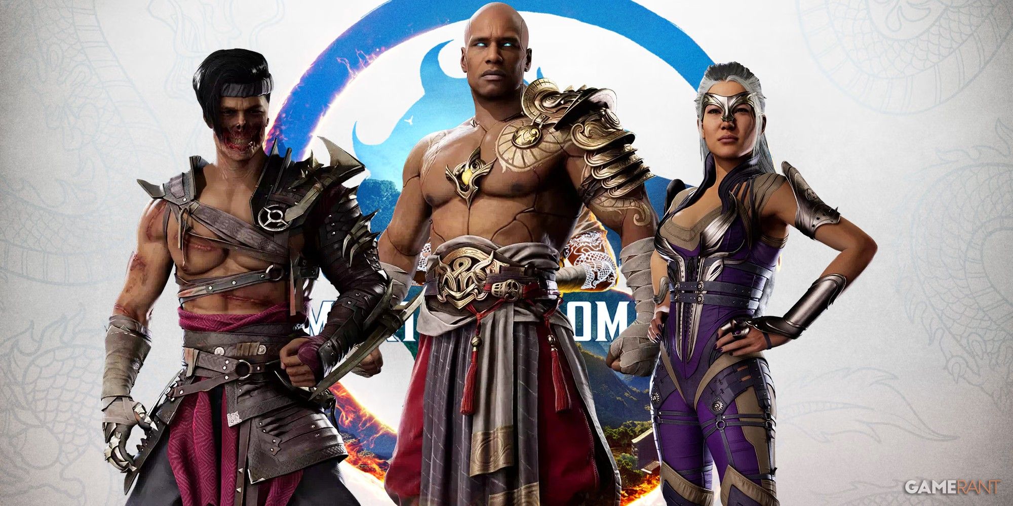 havik, geras, and sindel in front of the mortal kombat 1 cover