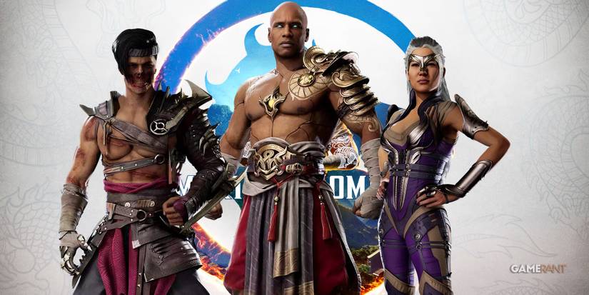 havik, geras, and sindel in front of the mortal kombat 1 cover