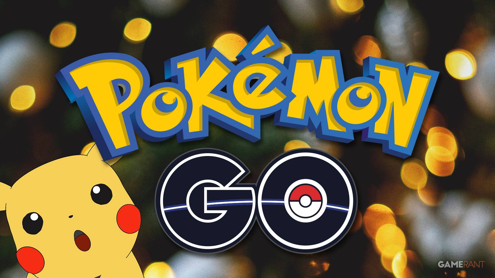 Pokemon GO logo and Pikachu doodle on holiday lights background