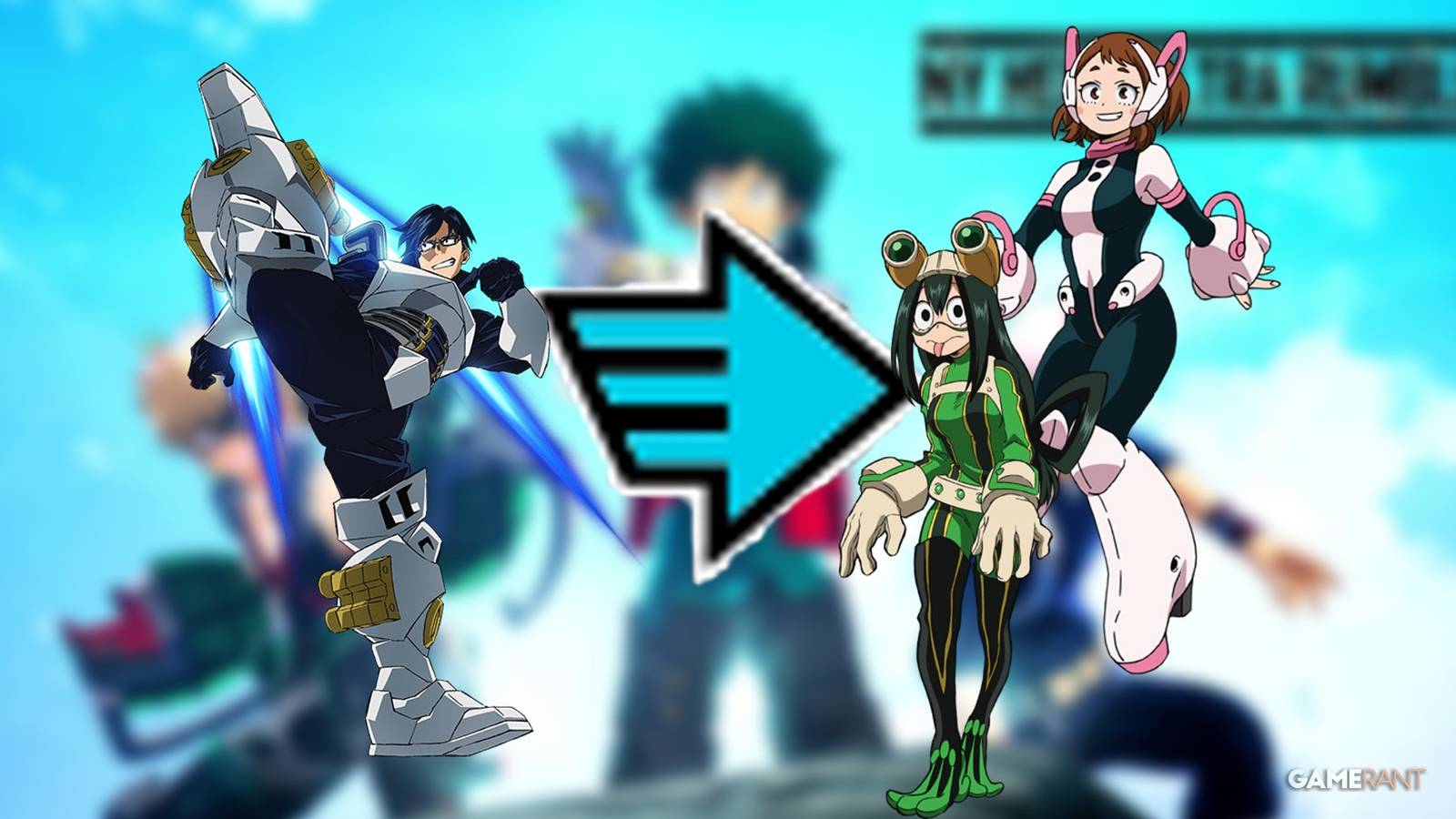 Various rapid characters in front of the my hero ultra rumble cover