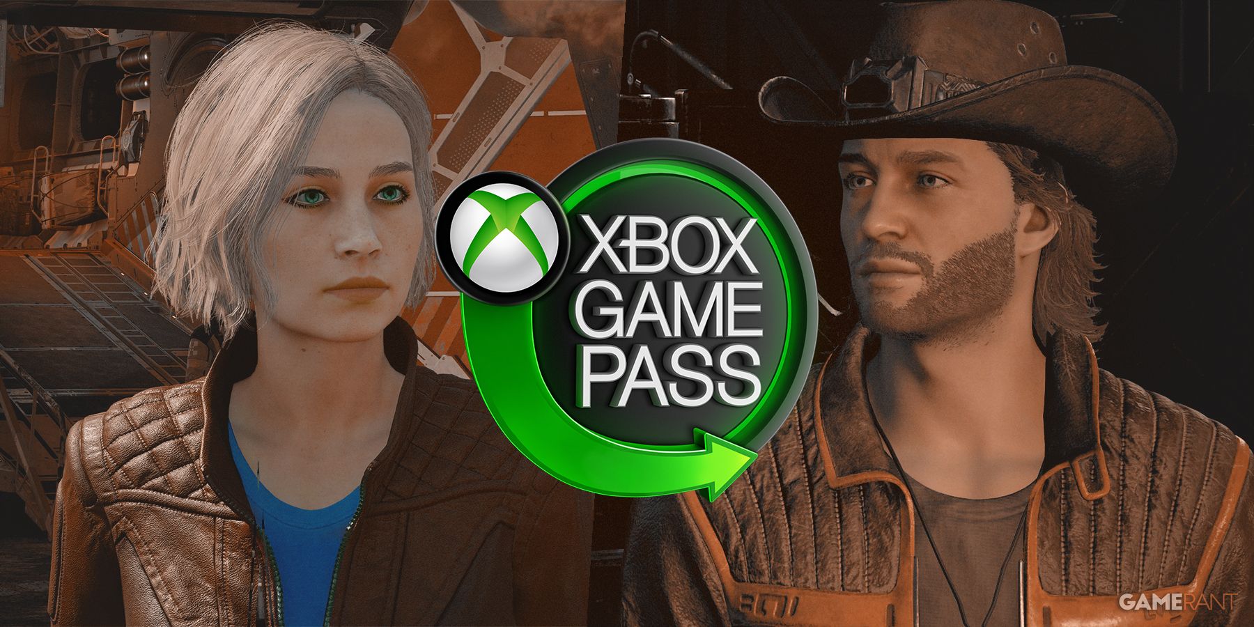 Sarah Morgan and Sam Coe behind Xbox Game Pass emblem