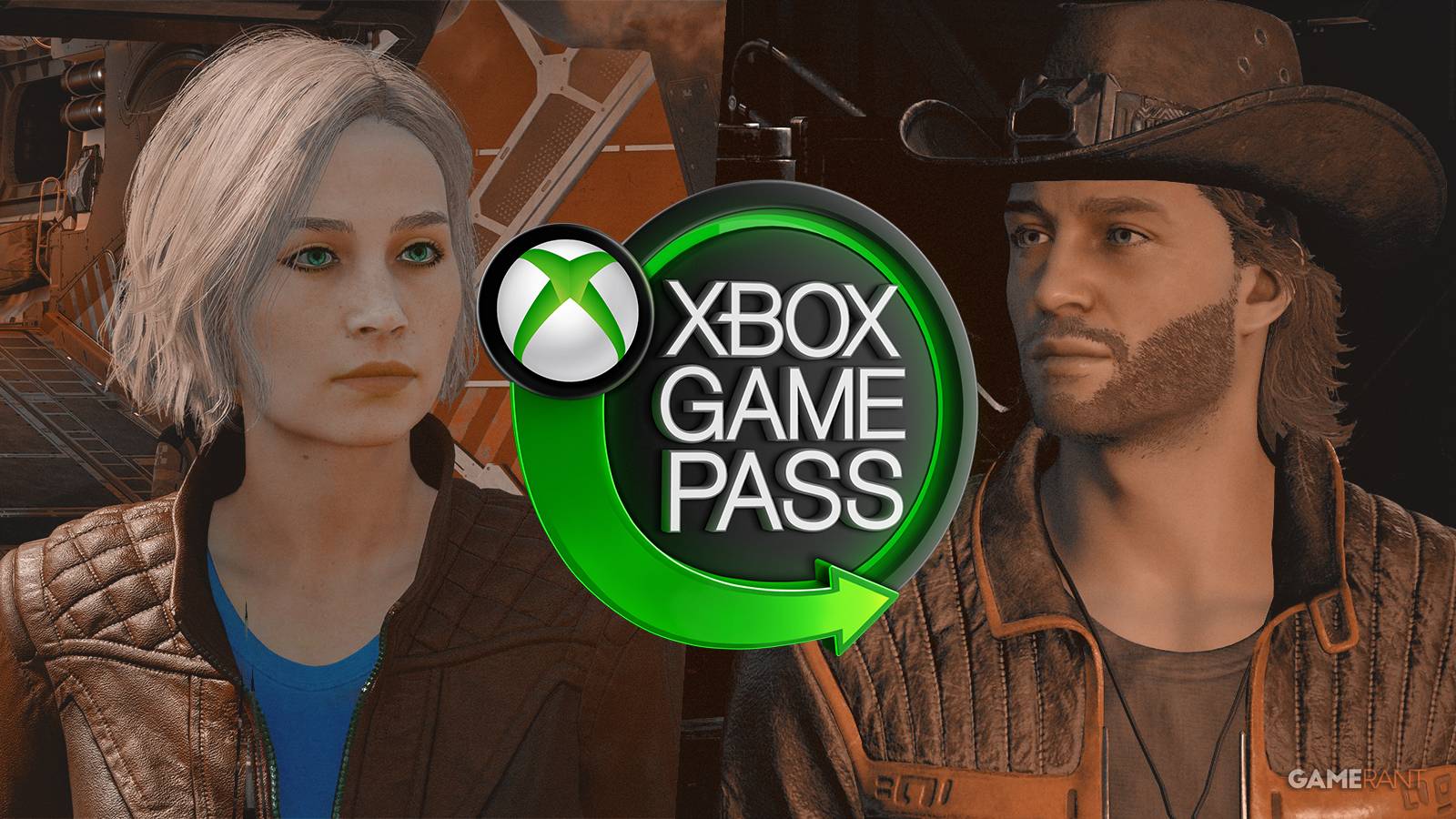 Sarah Morgan and Sam Coe behind Xbox Game Pass emblem