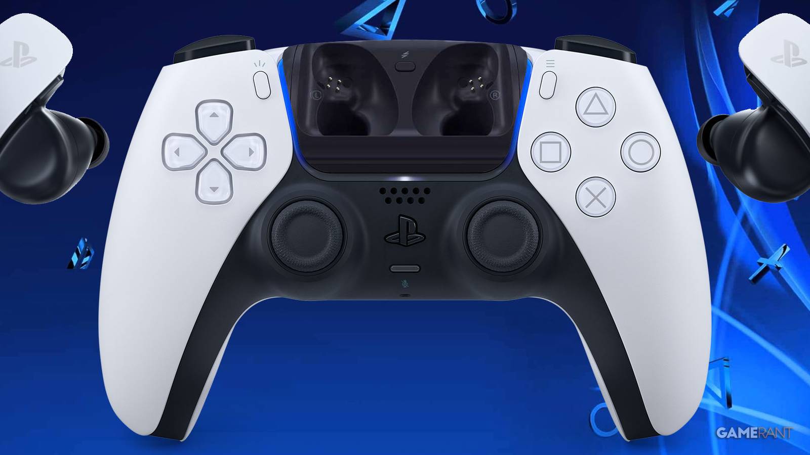 A PS5 DuelSense pad with slots for the Pulse Explore wireless earbuds