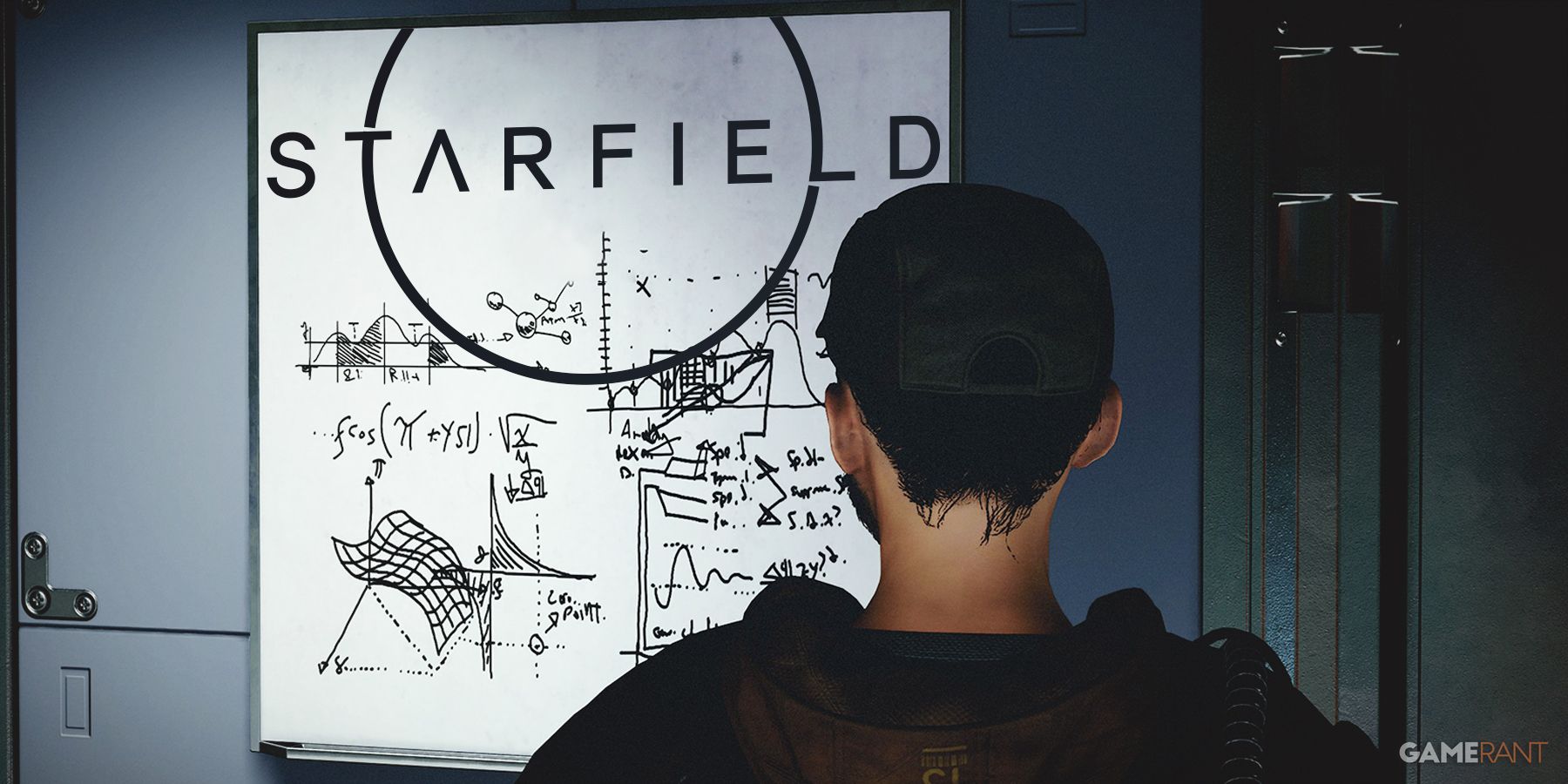 Starfield character looking at complex schematics whiteboard with game logo
