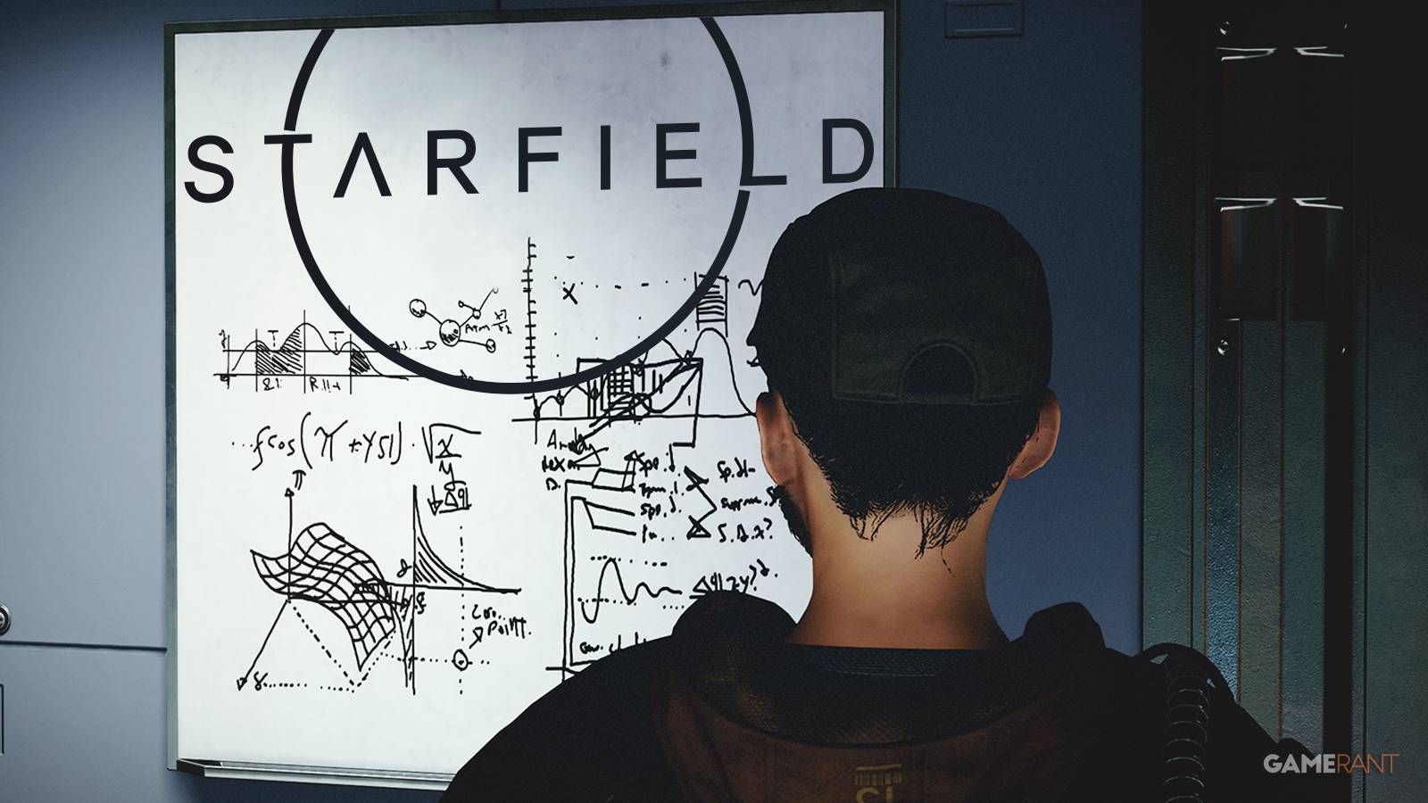 Starfield character looking at complex schematics whiteboard with game logo