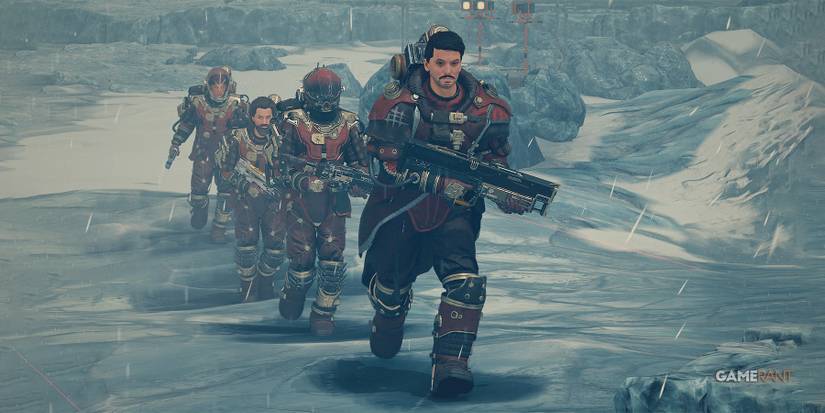 Starfield Delgado running with Crimson Fleet members