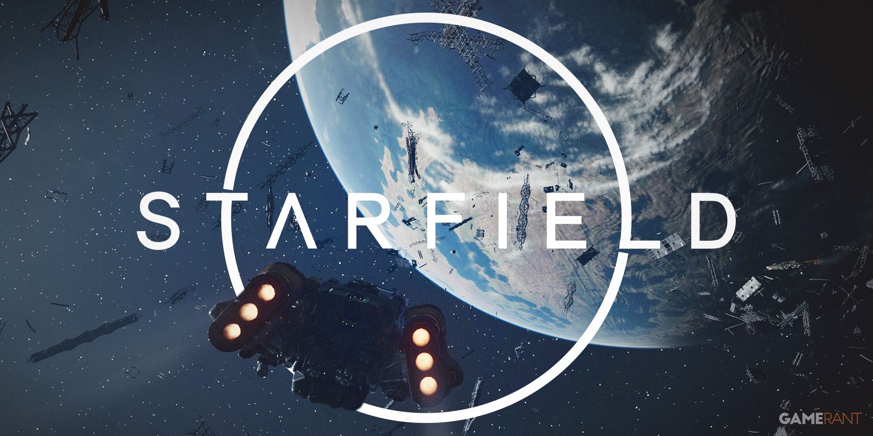 Starfield Frontier flying toward planet through white game logo