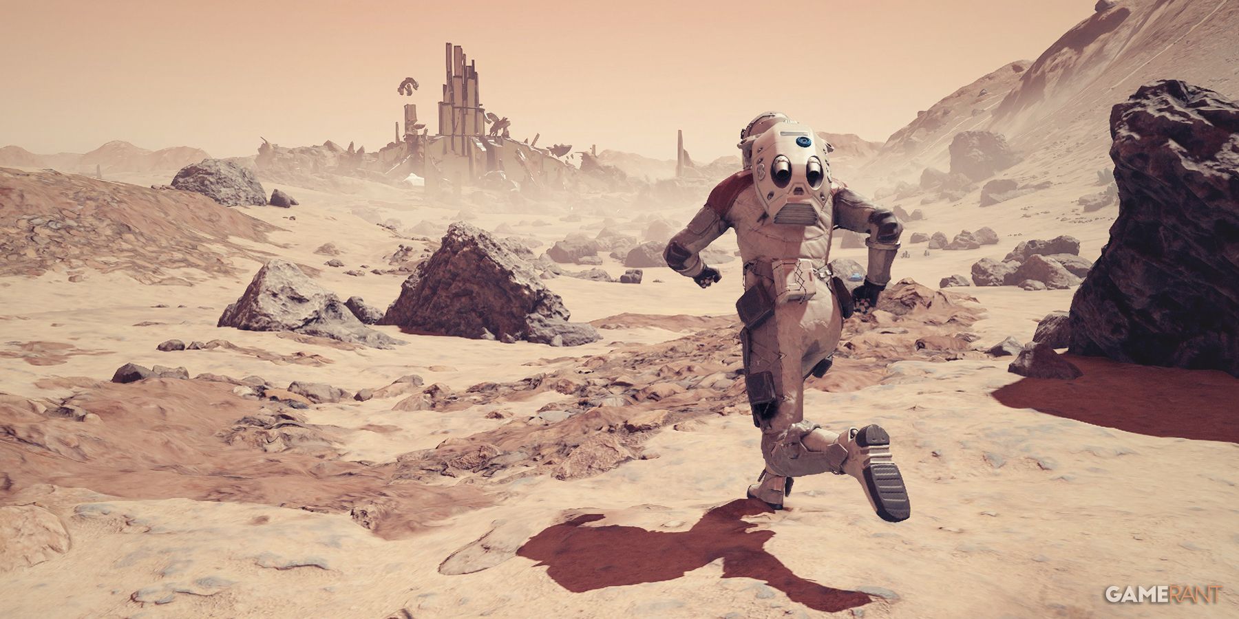 Starfield protagonist in space suit running toward desert planet temple