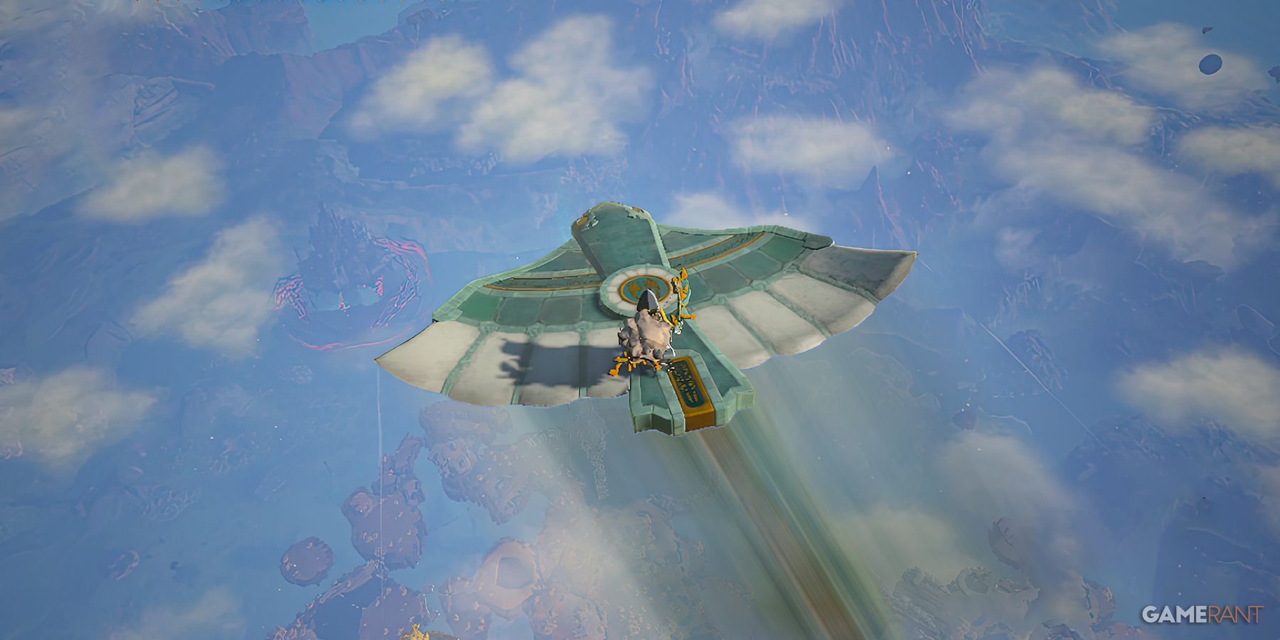 The Legend of Zelda Tears of the Kingdom TOTK Link flying on motion-blurred Zonai Wing