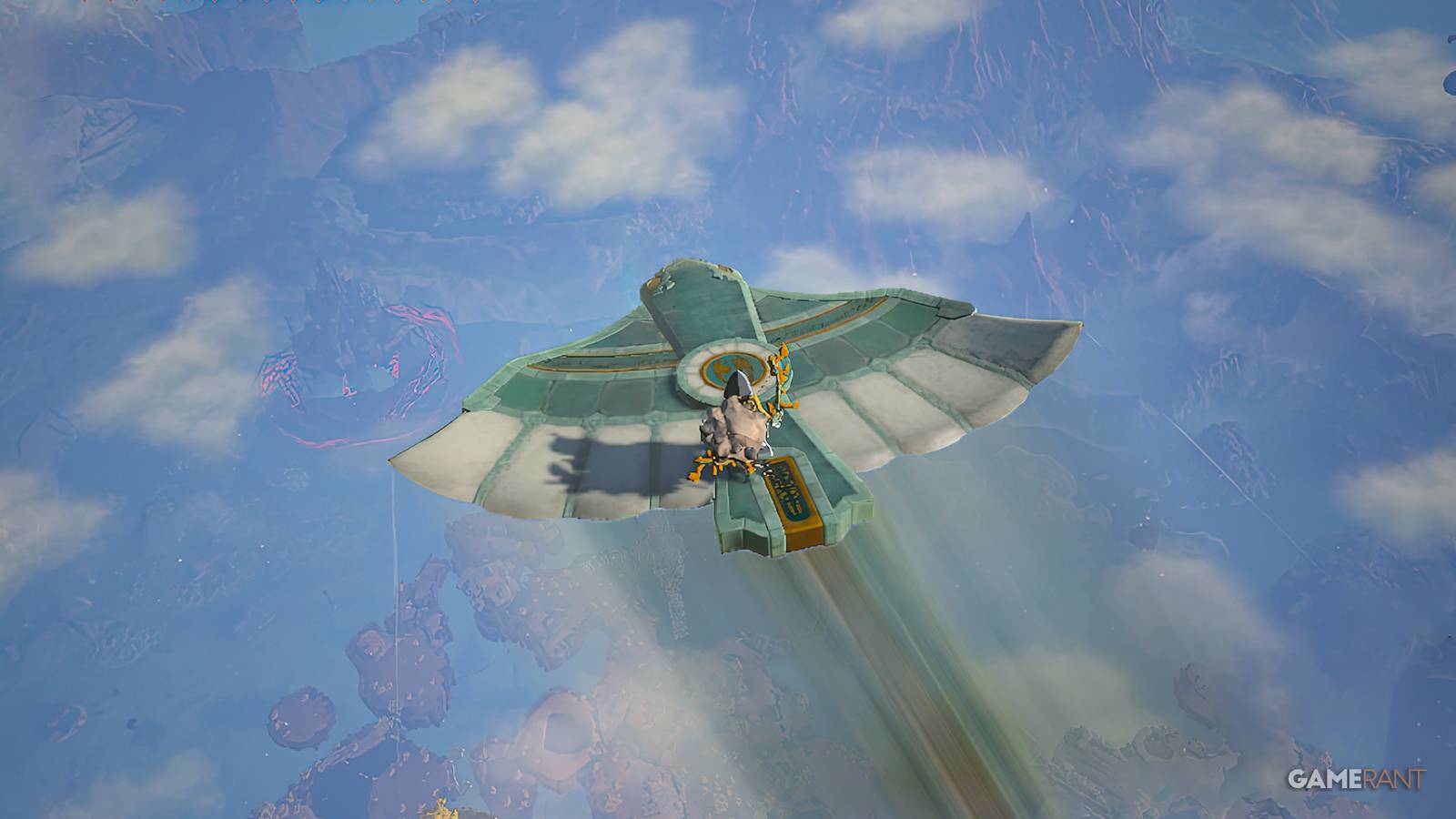 The Legend of Zelda Tears of the Kingdom TOTK Link flying on motion-blurred Zonai Wing