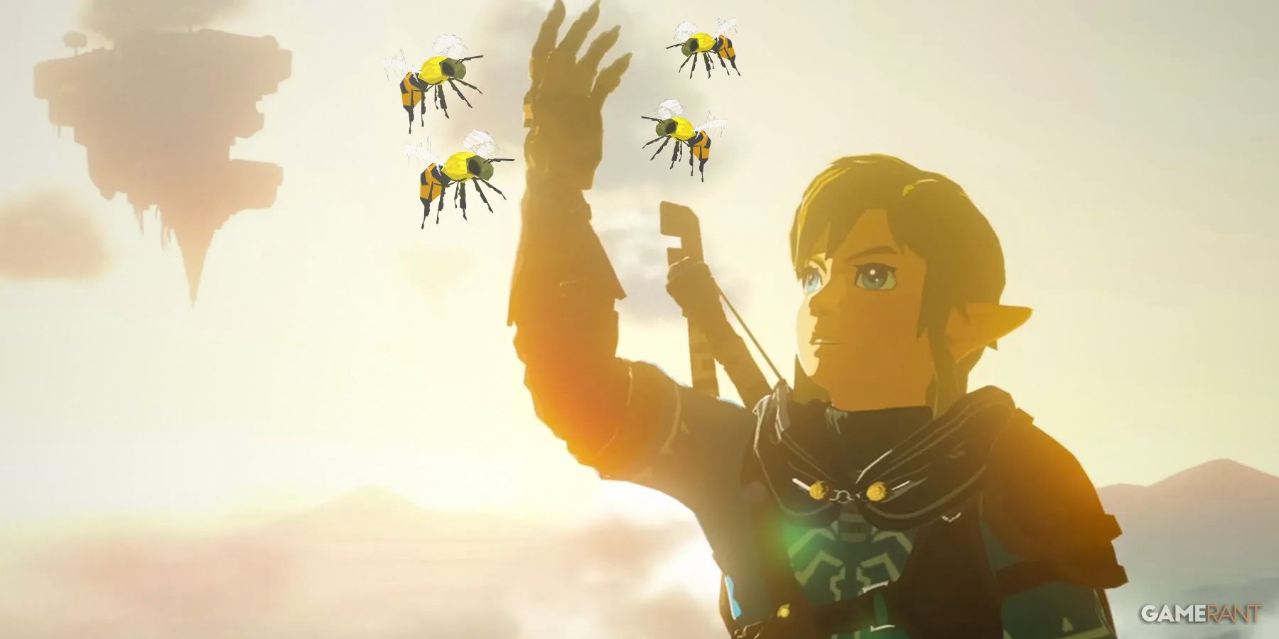 The Legend of Zelda Tears of the Kingdom TOTK Link holding up hand around bees composite