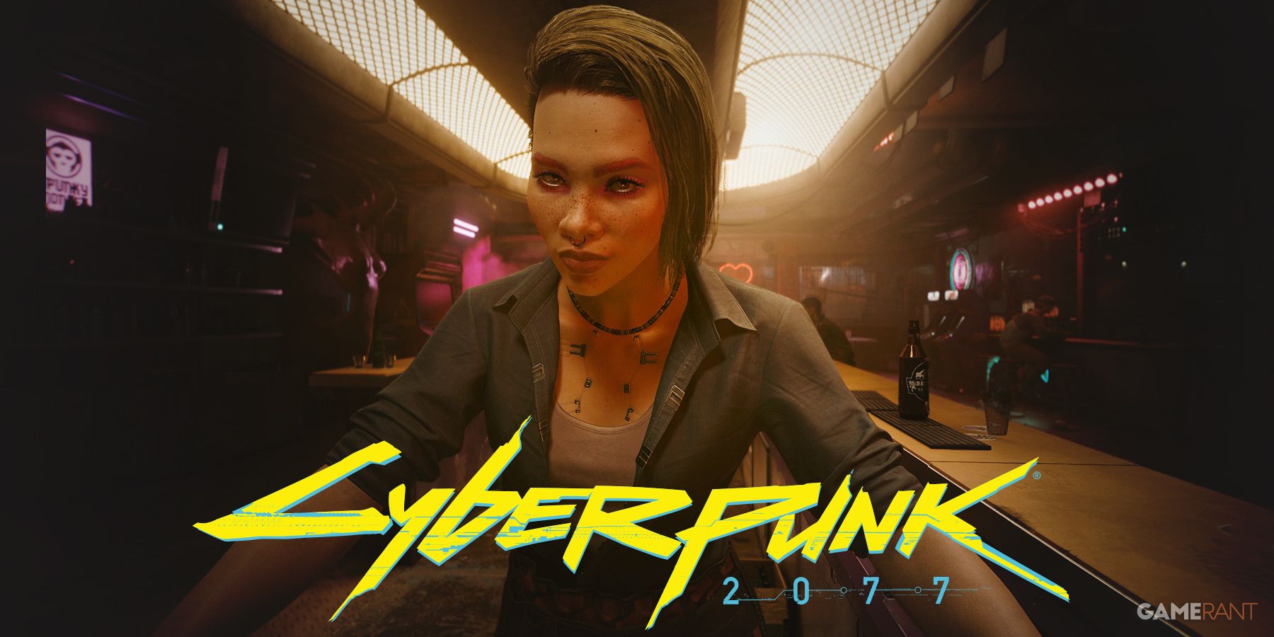 Cyberpunk 2077 Phantom Liberty Alena Alex Xenakis behind game logo
