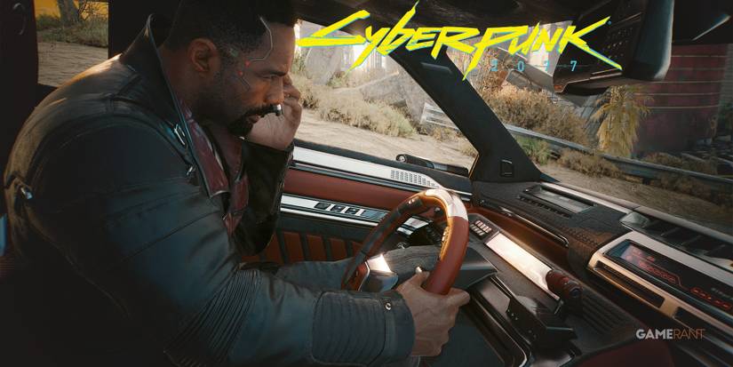 Cyberpunk 2077 Phantom Liberty Idris Elba as Solomon Reed talking on phone while driving next to game logo