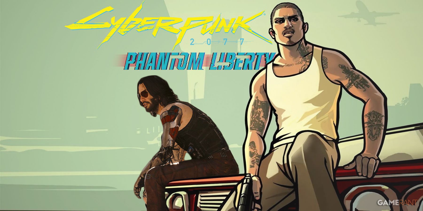 Cyberpunk 2077 Phantom Liberty Johnny Silverhand next to GTA San Andreas Cesar Vialpando artwork