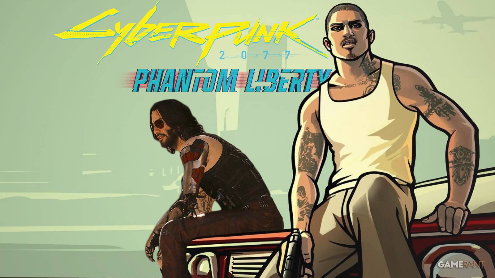 Cyberpunk 2077 Phantom Liberty Johnny Silverhand next to GTA San Andreas Cesar Vialpando artwork