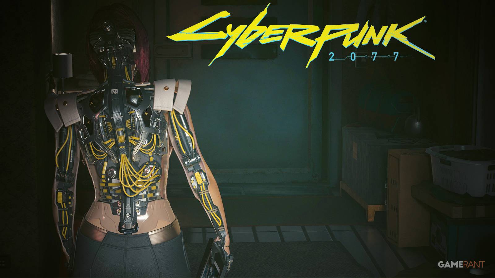 Cyberpunk 2077 Phantom Liberty Songbird standing in front of a door and game logo