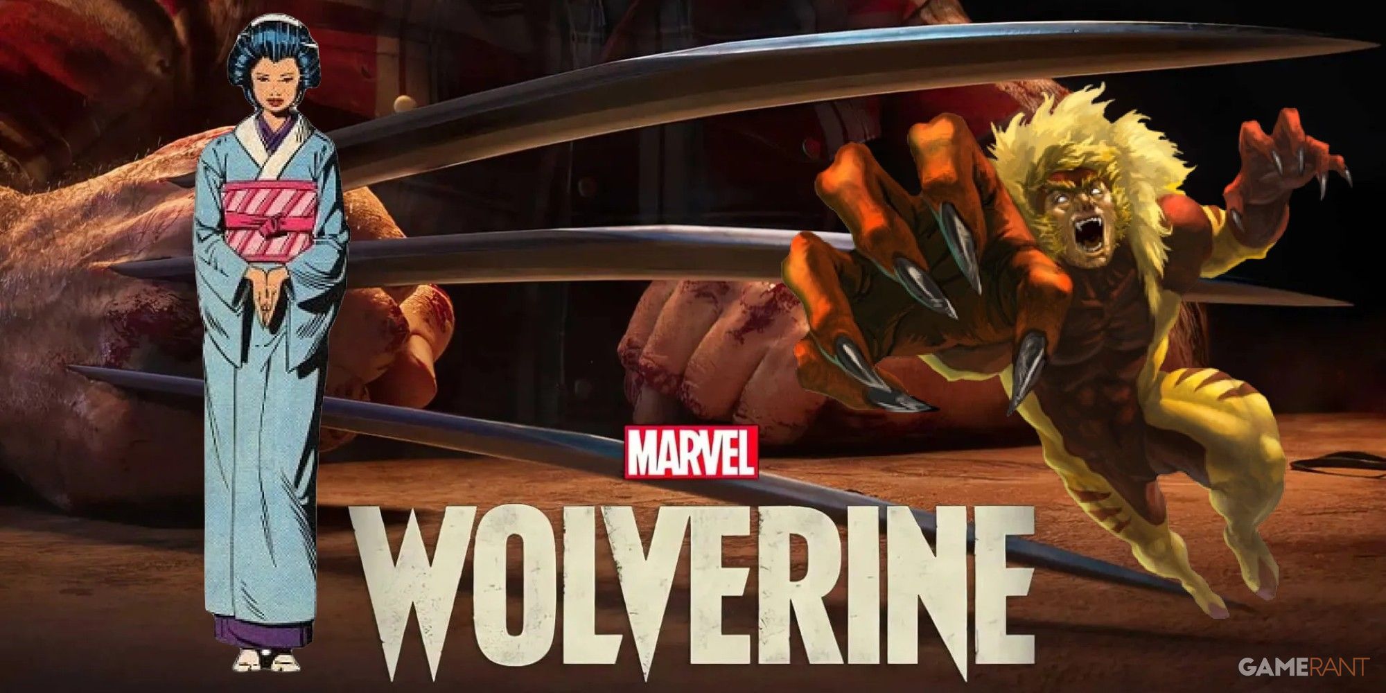 Mariko and Sabretooth in front of Marvel's Wolverine logo