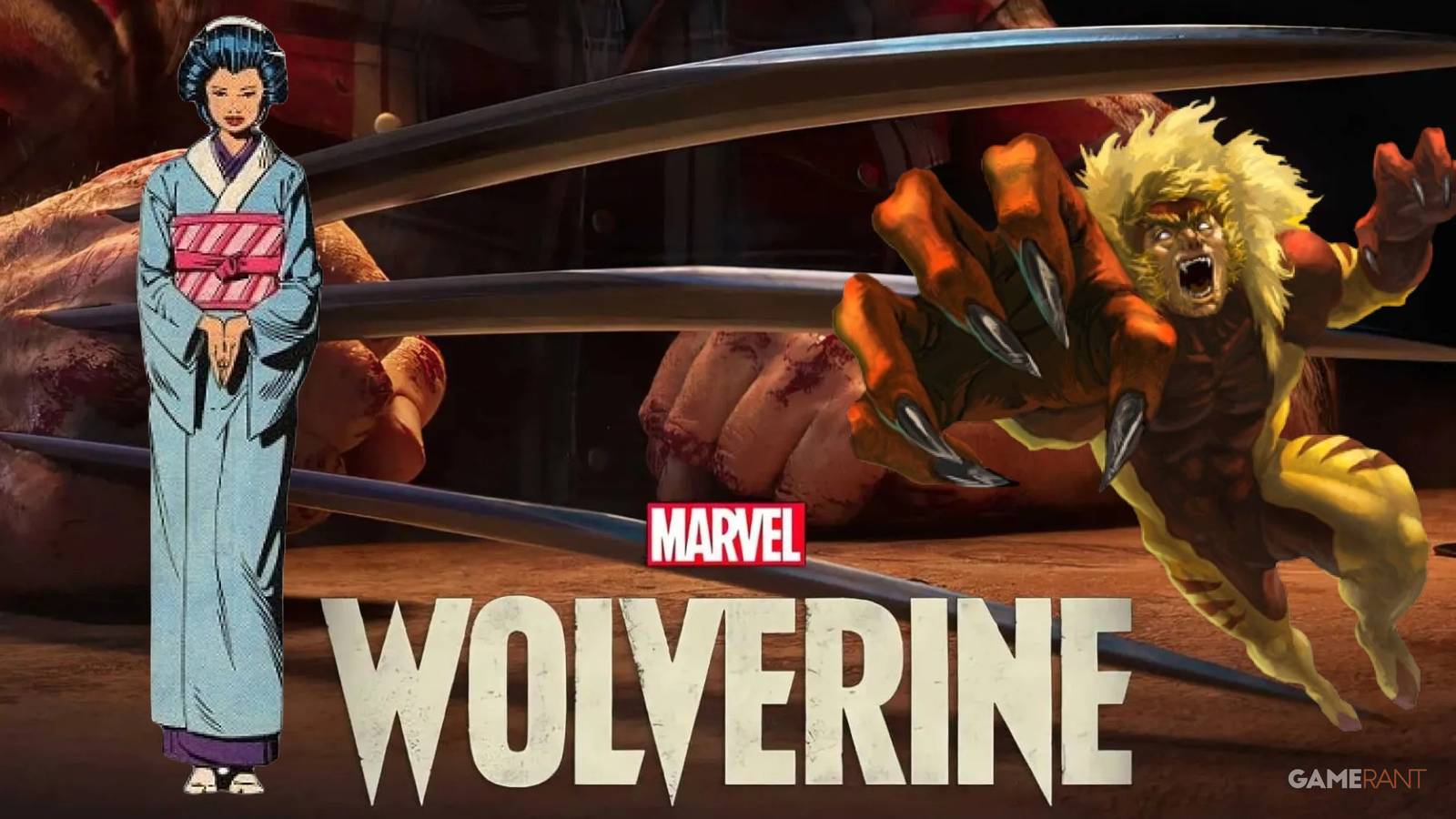 Mariko and Sabretooth in front of Marvel's Wolverine logo
