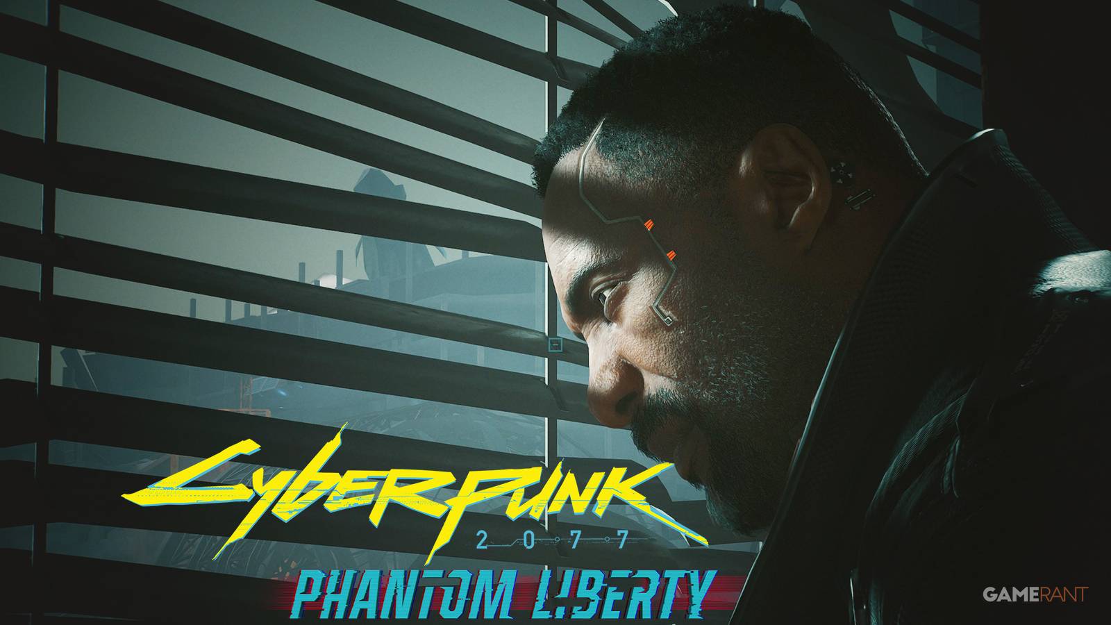 Idris Elba as Solomon Reed looking at Cyberpunk 2077 Phantom Liberty logo
