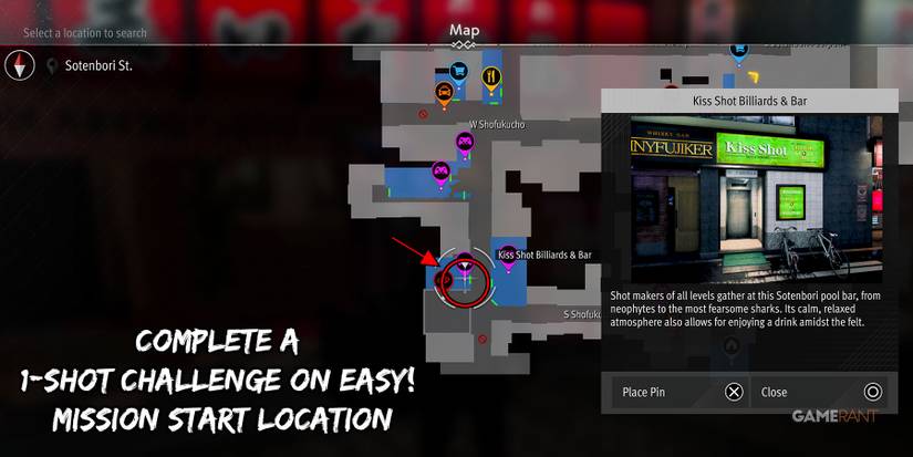 Location of Kiss Shot and Billiards Bar in Like a Dragon Gaiden.