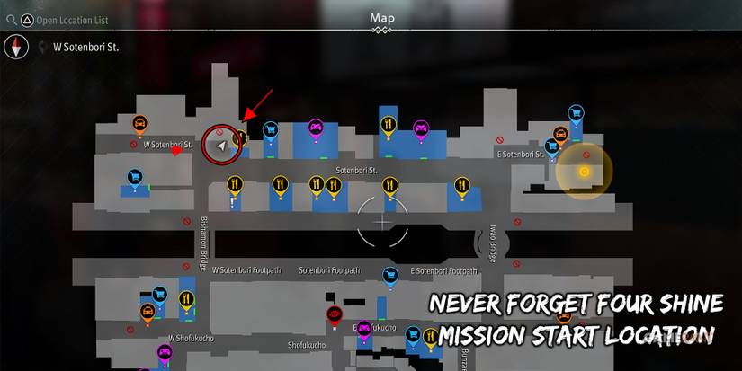 Mission start location for Never Forget Four Shine in Like a Dragon Gaiden.