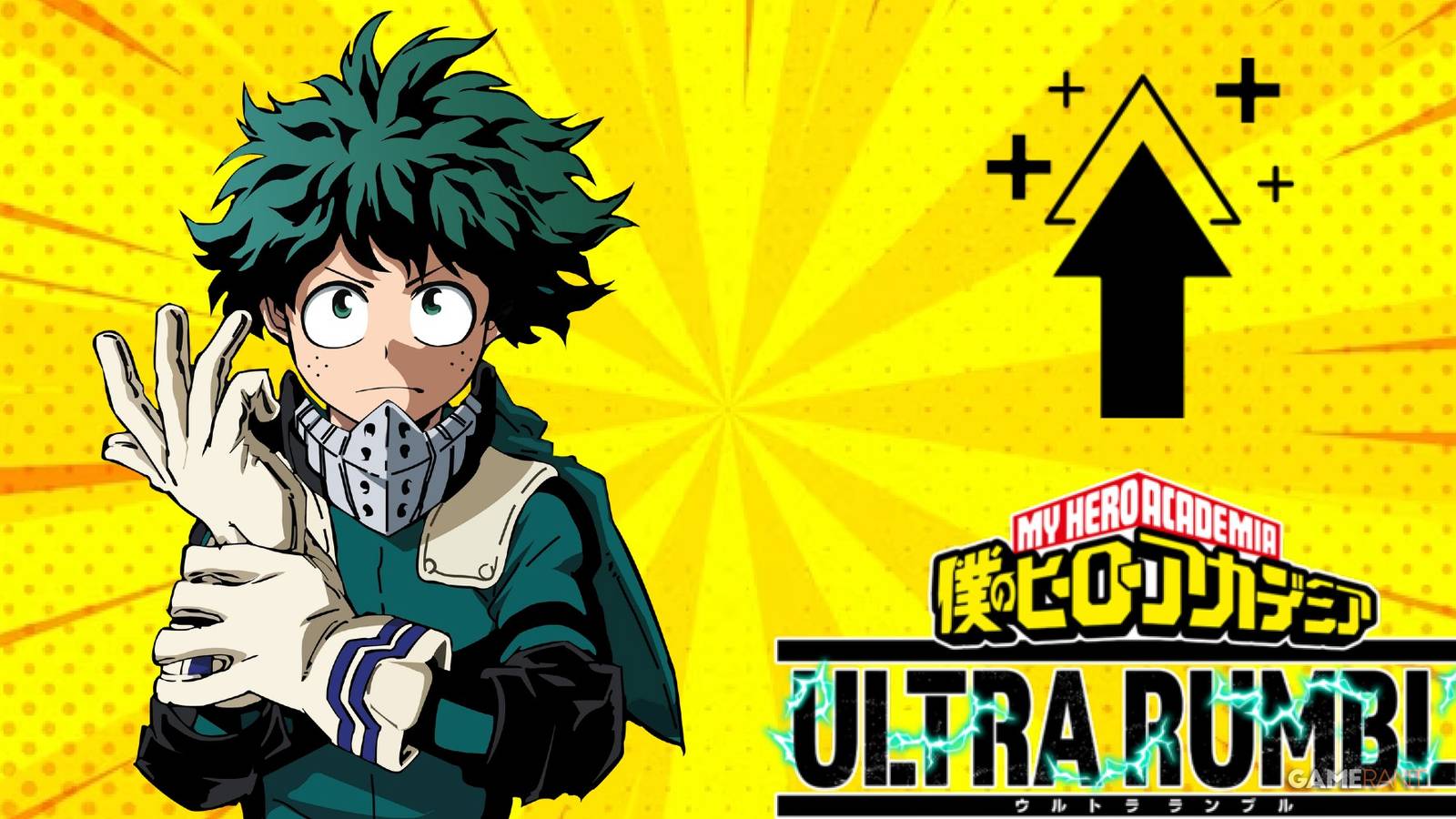 Deku near the My Hero Ultra Rumble logo 