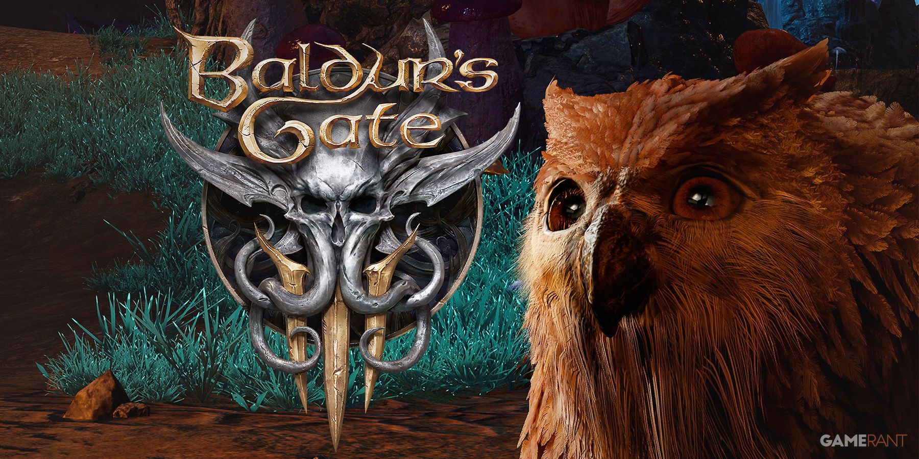 Owlbear looking at Baldur's Gate 3 logo in Underdark composite