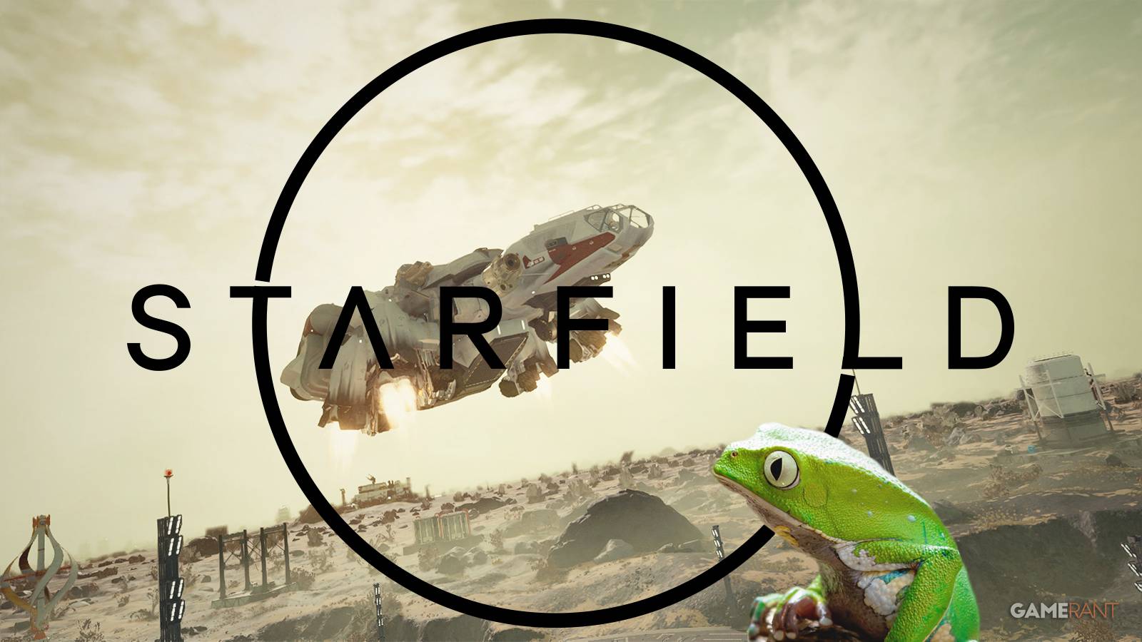 Starfield Frontier ship with game logo and green frog composite GR