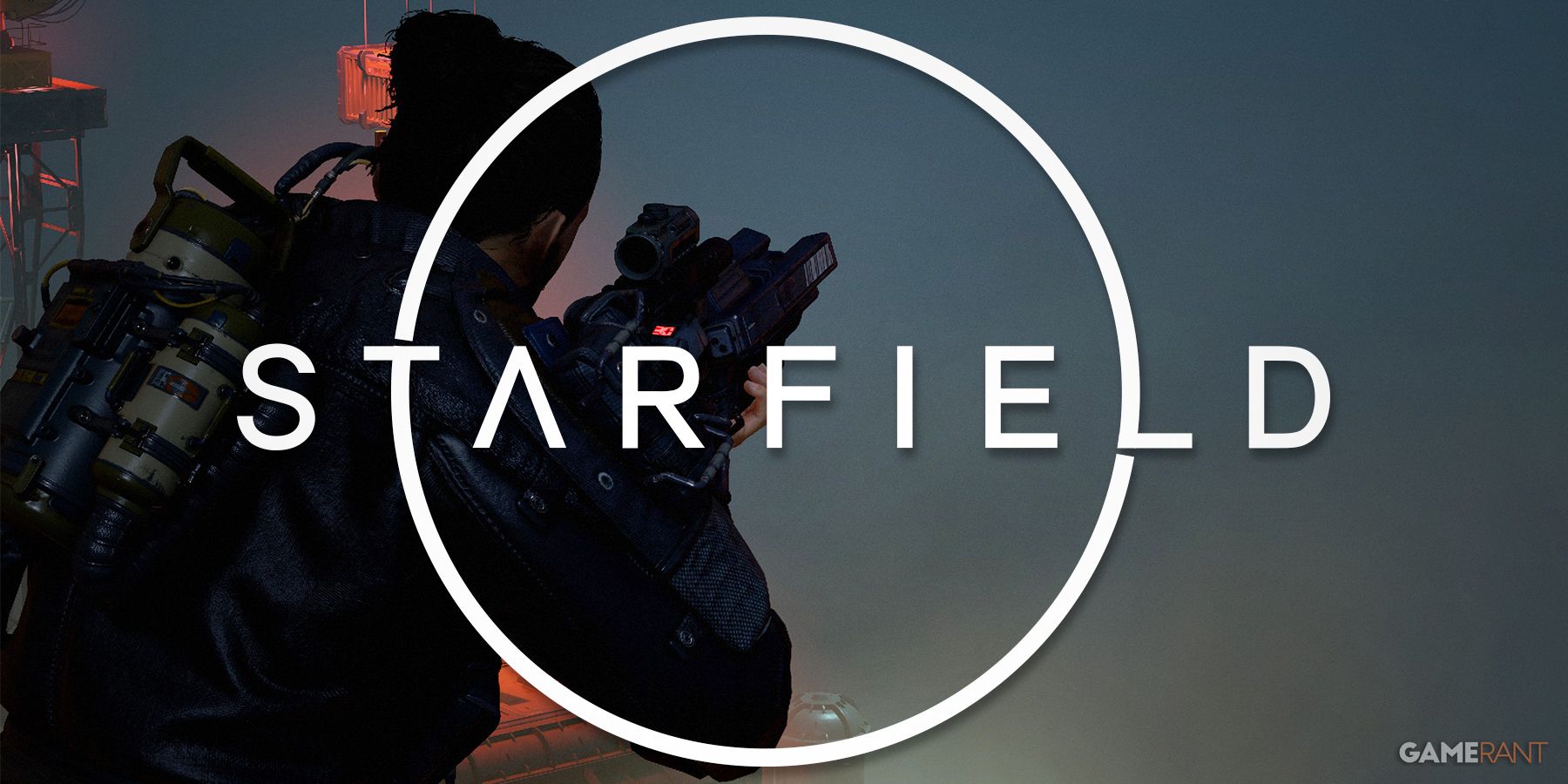 Starfield protagonist aiming down the sights with rifle on Neon behind game logo GR