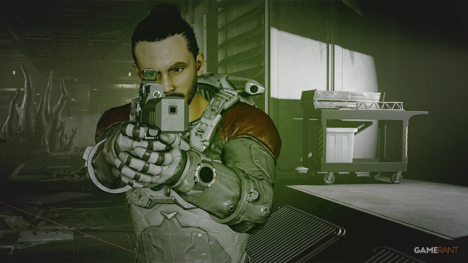 Starfield protagonist in Constellation suit aiming with pistol down the sights