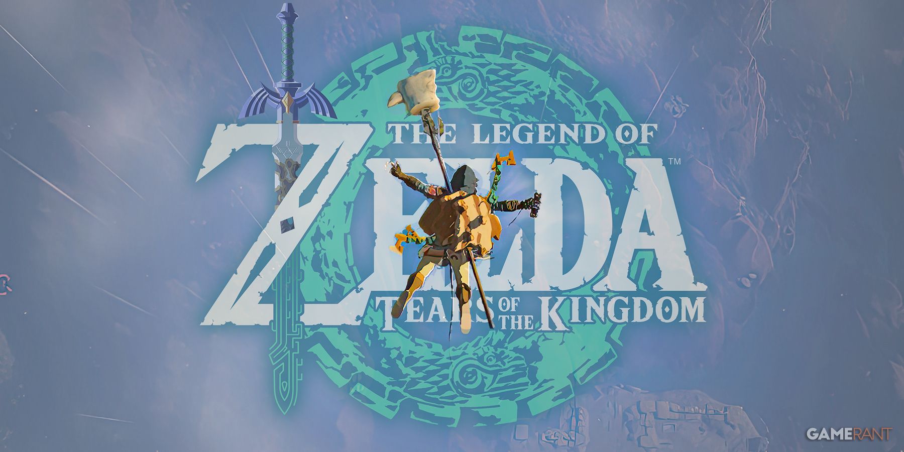 The Legend of Zelda Tears of the Kingdom TOTK Link caindo em direção ao composto do logotipo do jogo GR