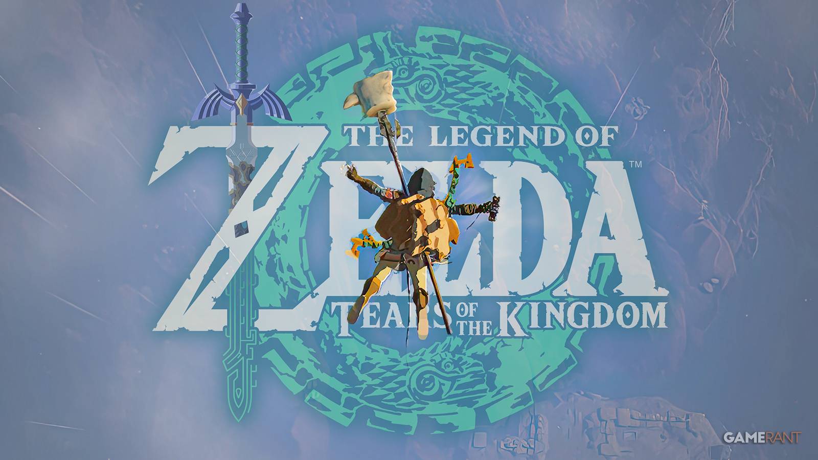 The Legend of Zelda Tears of the Kingdom TOTK Link falling toward game logo composite GR