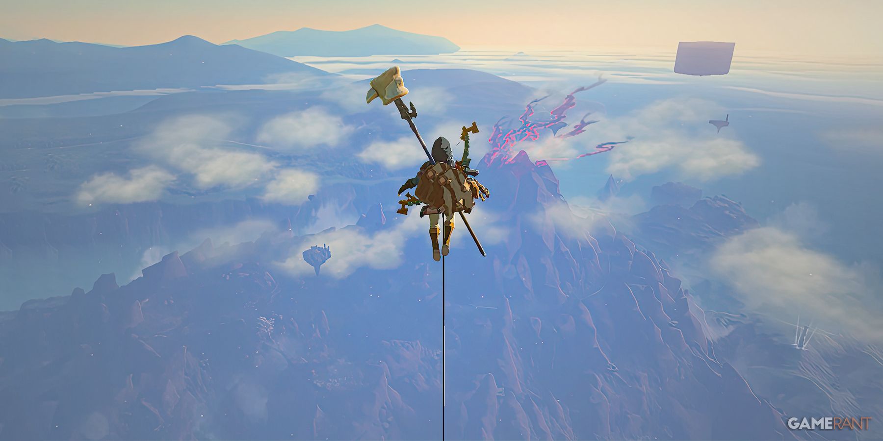 The Legend of Zelda Tears of the Kingdom TOTK Link launching from Skyview Tower in Central Hyrule