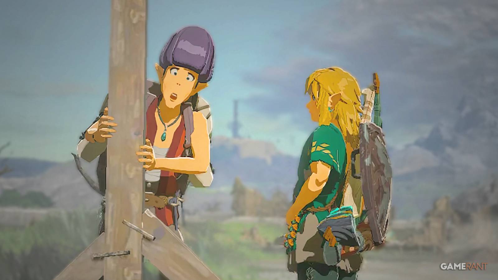 The Legend of Zelda Tears of the Kingdom TOTK Link standing next to Addison holding President Hudson sign upscaled close-up