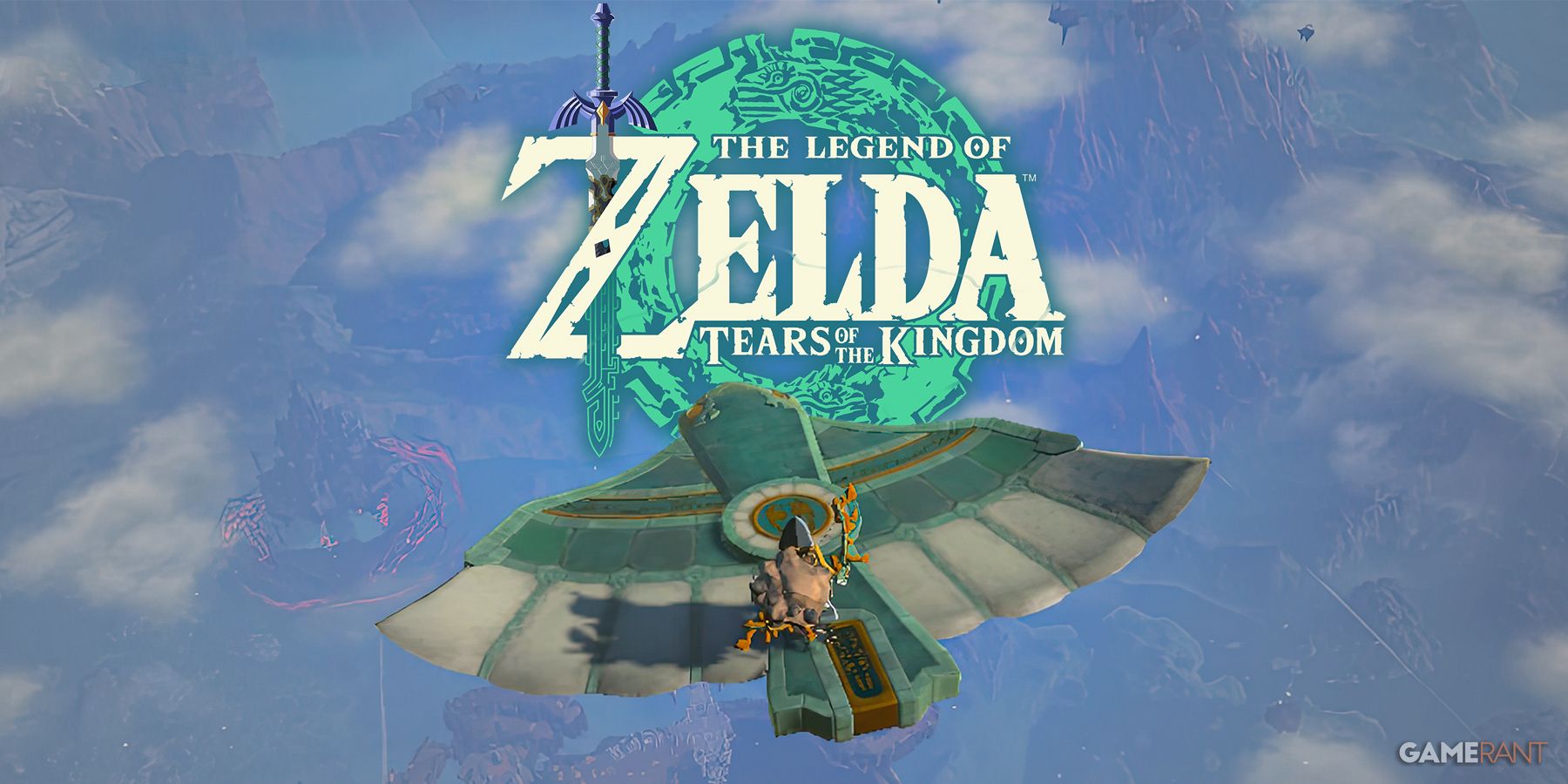 The Legend of Zelda Tears of the Kingdom TOTK logo with Link flying on Zonai Wing