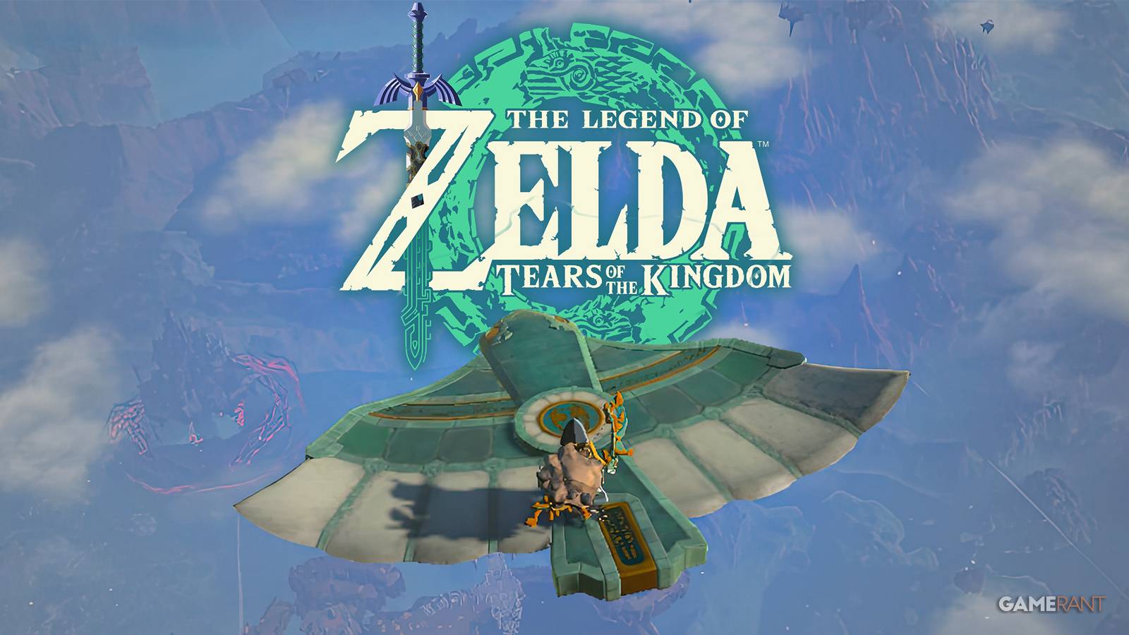 The Legend of Zelda Tears of the Kingdom TOTK logo with Link flying on Zonai Wing