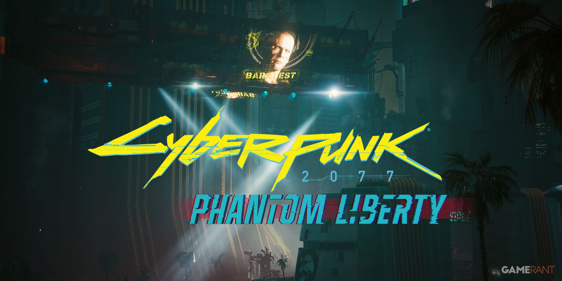 Cyberpunk 2077 Phantom Liberty logo and Dogtown Barghest zeppelin cityscape shot