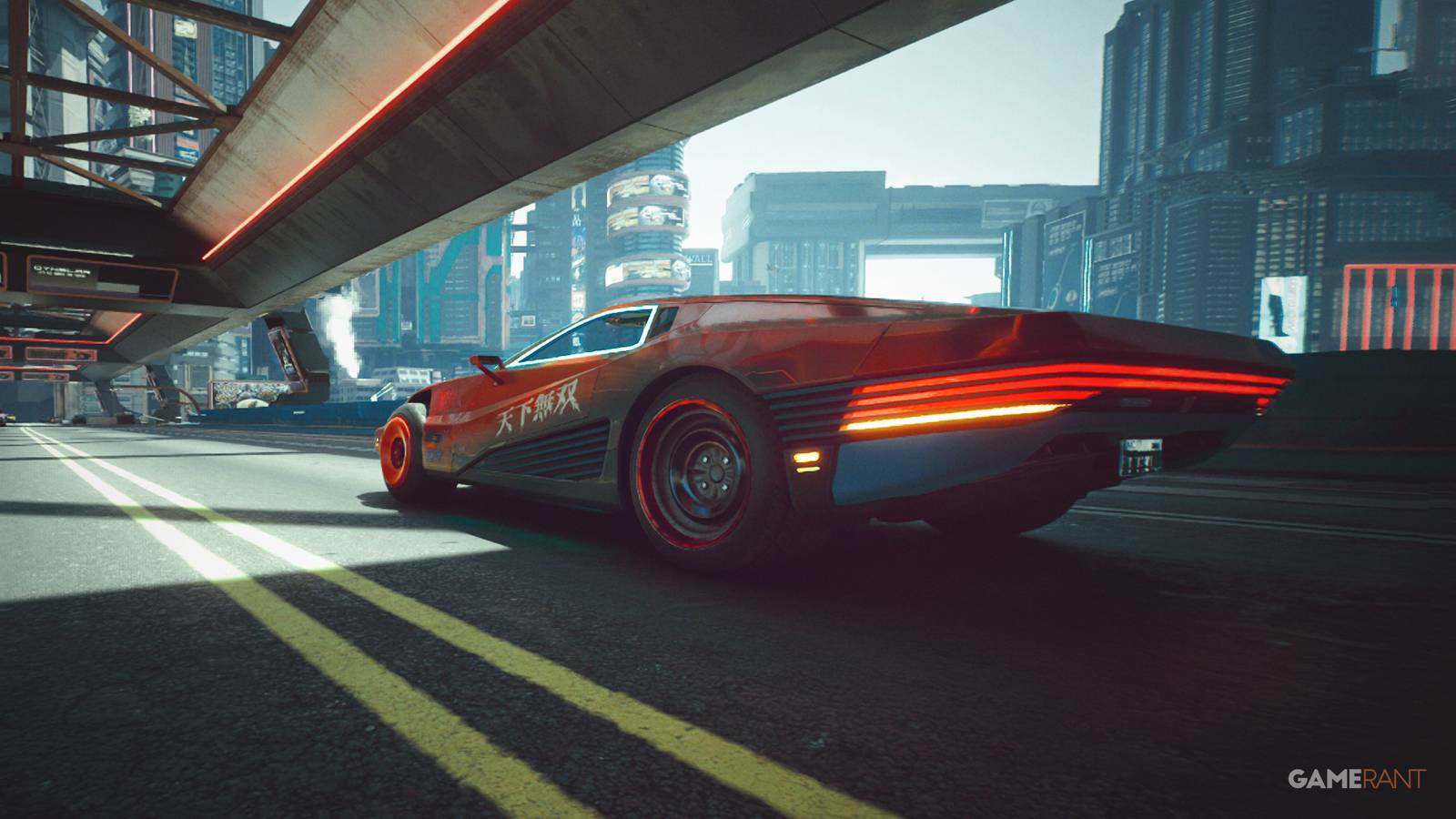 Cyberpunk 2077 Quadra Turbo-R 740 driving over a downtown bridge