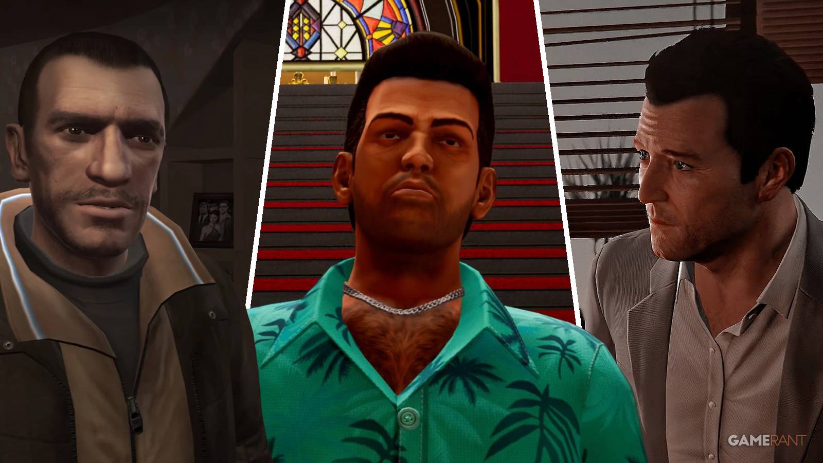 Niko, Tommy, and Michael from the GTA series