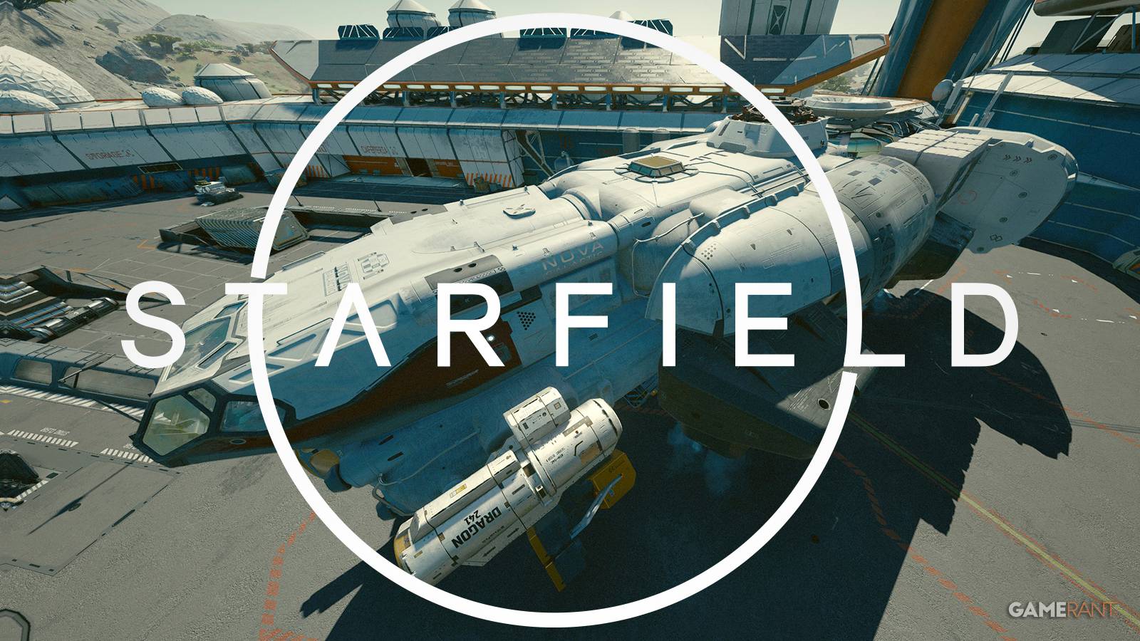 Starfield giant spaceship in New Atlantis spaceport behind white game logo