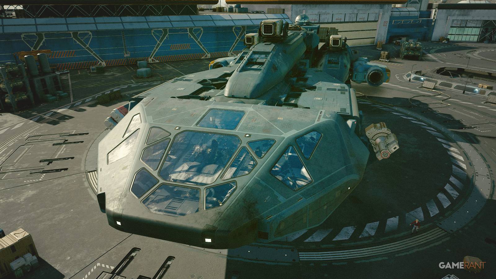 Starfield large carrier ship docked in New Atlantis Spaceport