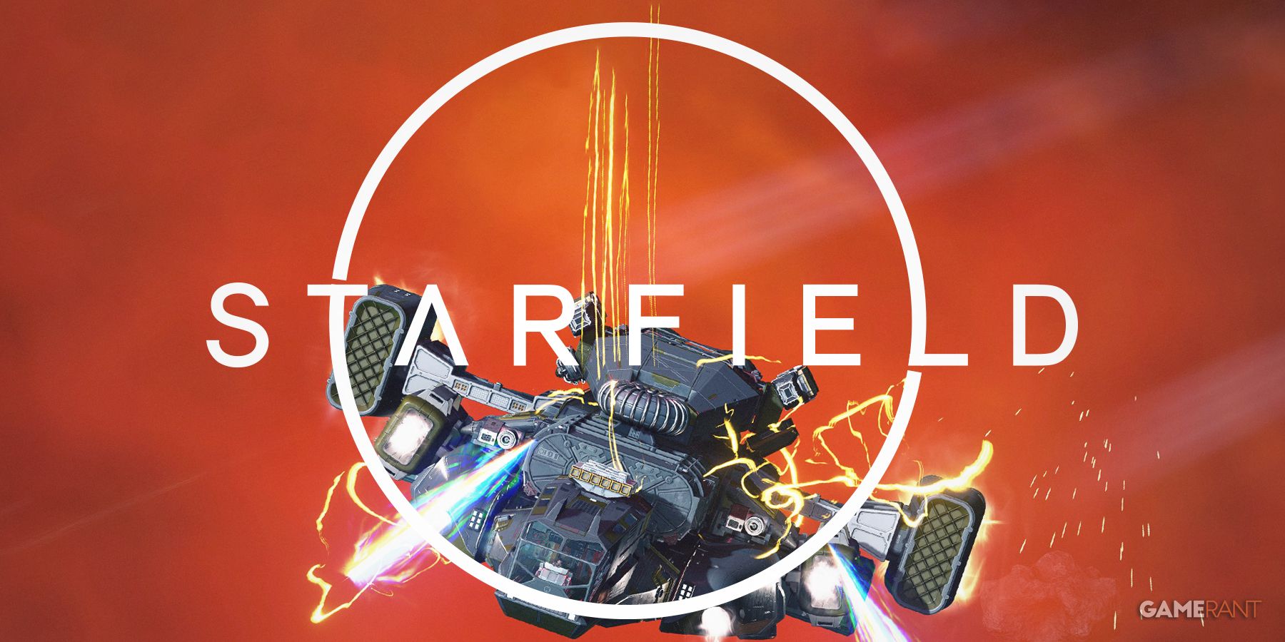 Starfield Mantis ship glitching in red sky behind game logo