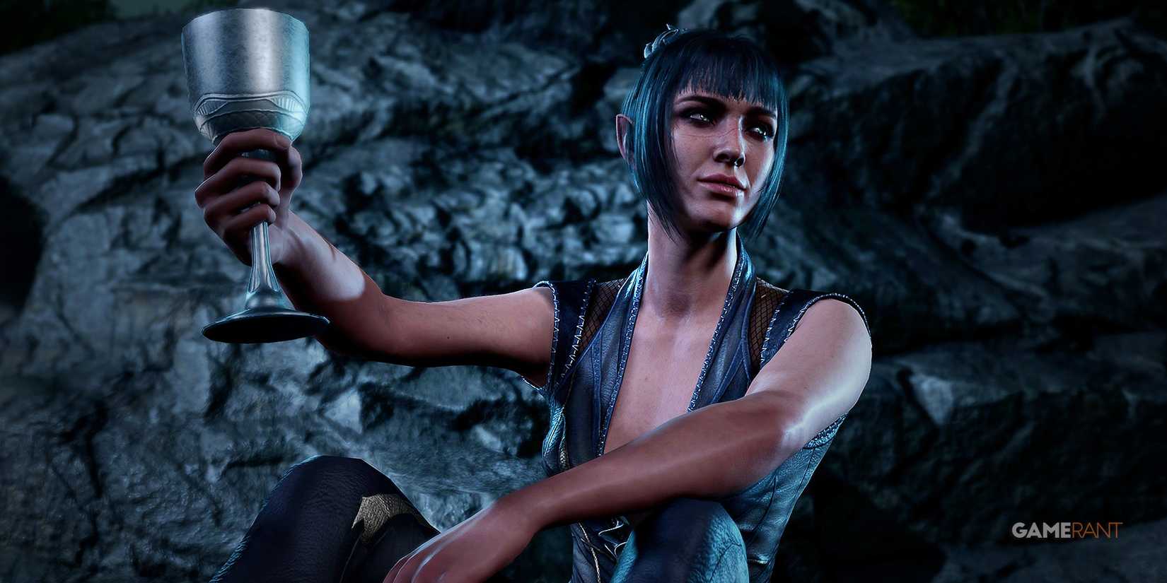 Baldur's Gate 3 Shadowheart toasting with wine cup while smiling screenshot